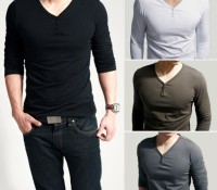 Men's Stylish Comfort Lycra Deep V-Neck Long Sleeves T-Shirt Tunic Button Tops/Tees – Cndirect – Men’s Clothes – Tops & Shirts – T-Shirts,