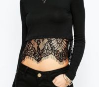 Black Lace-hem Round Neck Crop Top – OASAP – Women’s Clothes – Tops & Shirts – Long Sleeve Shirts,